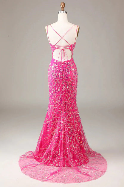 Wholesale Sparkly Fuchsia Mermaid Spaghetti Straps Long Beaded Prom Dress With Slit prom dresses shops