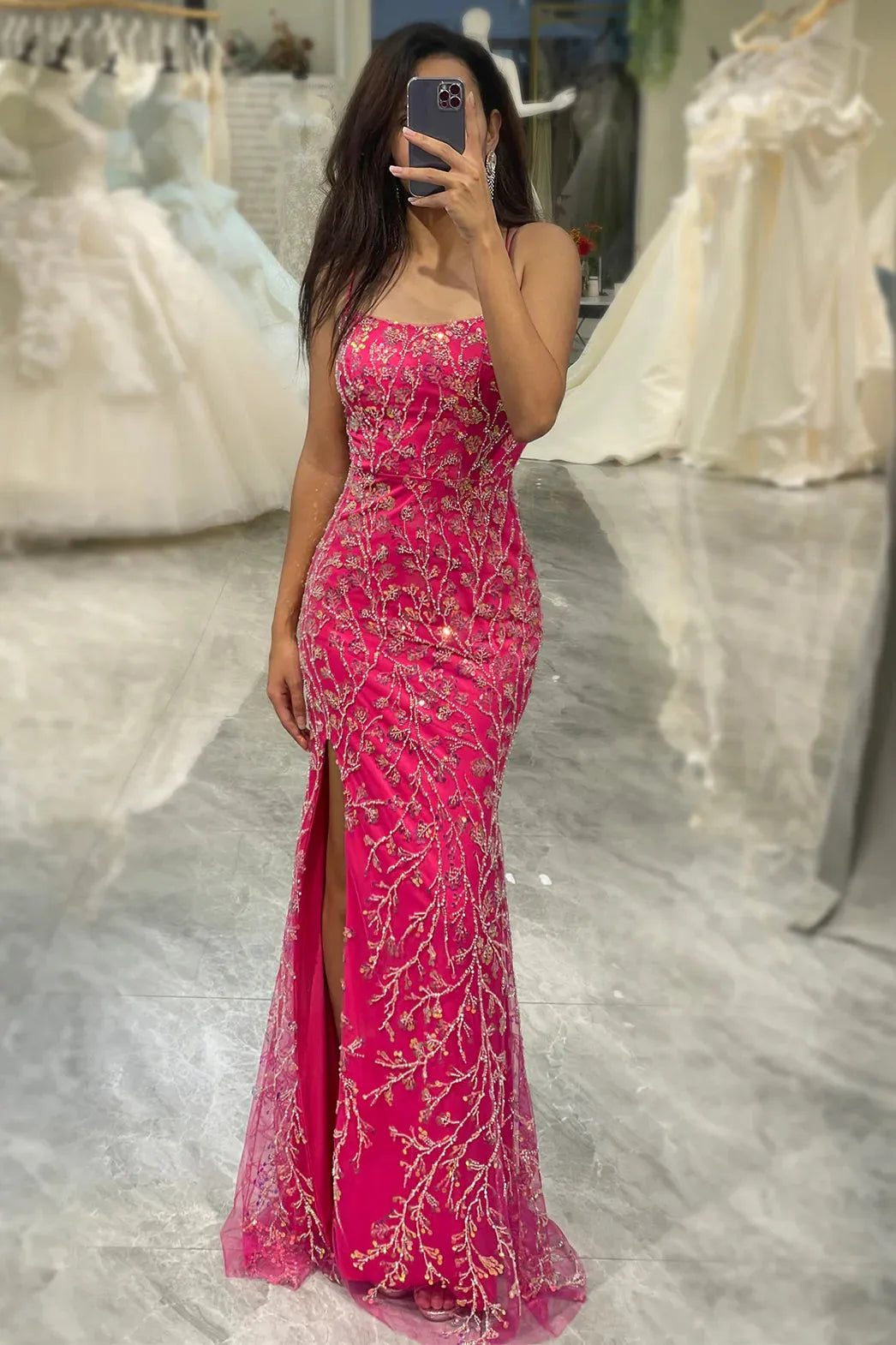 Wholesale Sparkly Fuchsia Mermaid Spaghetti Straps Long Beaded Prom Dress With Slit prom dresses shops