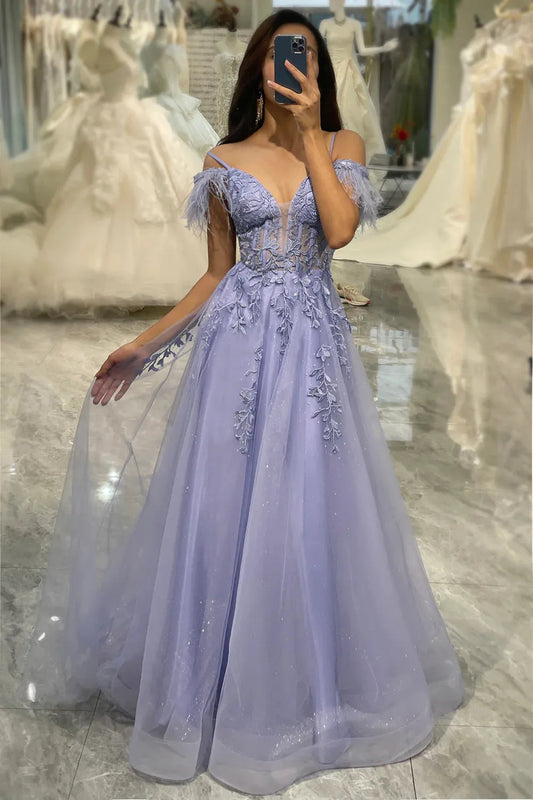 Wholesale Lilac A Line Feather Off The Shoulder Long Tulle Prom Dress With Appliques prom dresses shops