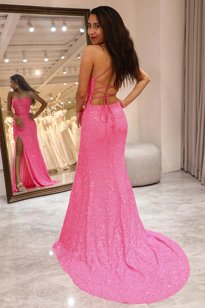 Wholesale Glitter Pink Spaghetti Straps Mermaid Long Prom Dress With Slit prom dresses shops