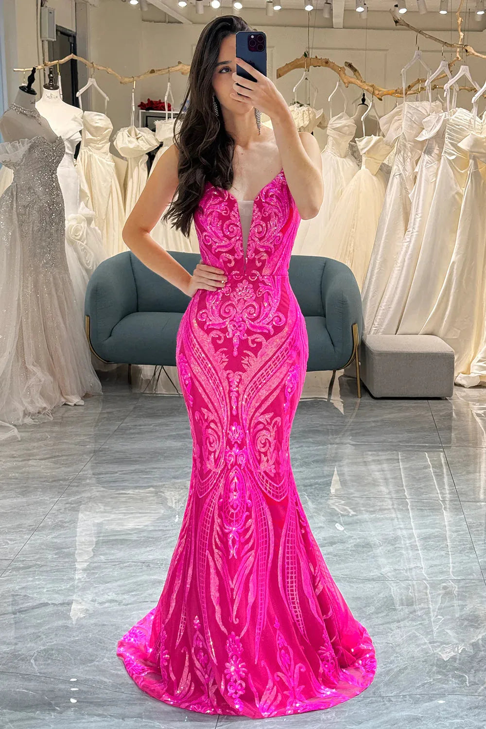 Wholesale Fuchsia Mermaid Lace Up Back Long Prom Dress With Glitter Sequin prom dresses shops