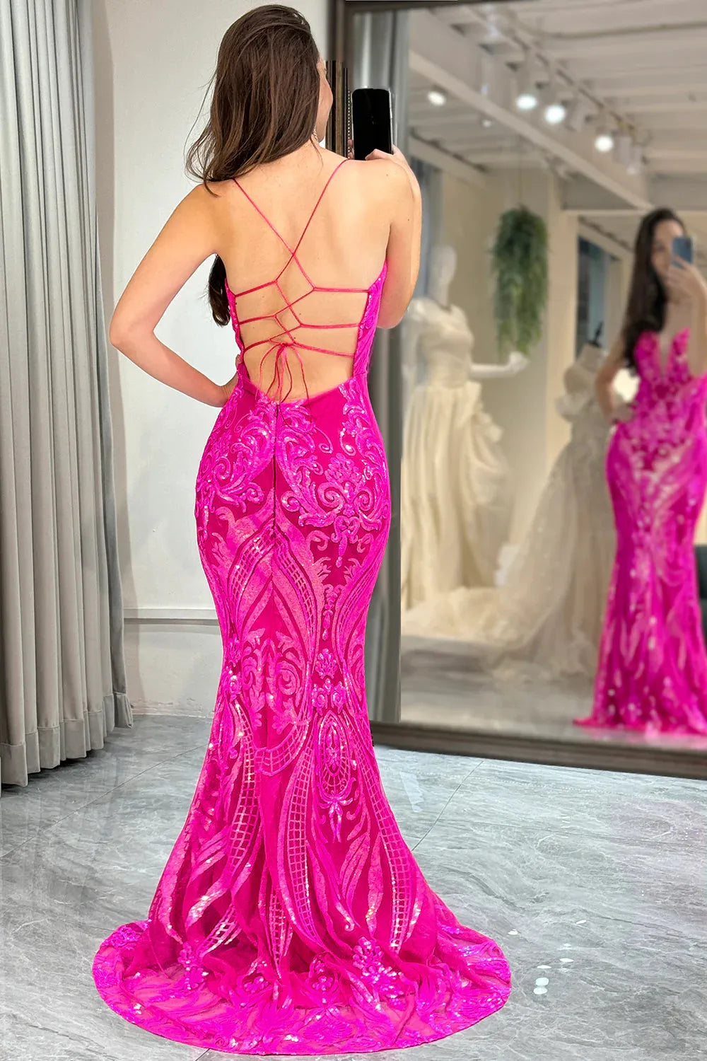 Wholesale Fuchsia Mermaid Lace Up Back Long Prom Dress With Glitter Sequin prom dresses shops