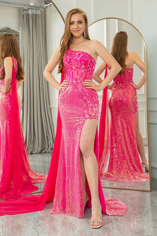 Wholesale Sparkly Fuchsia Mermaid One Shoulder Long Corset Prom Dress With Shawl prom dresses shops