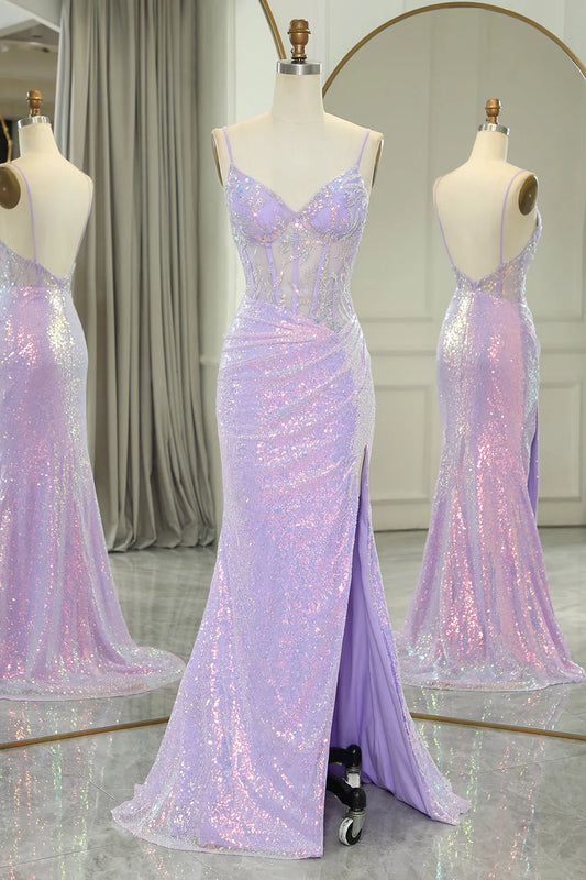 Wholesale Glitter Light Purple Mermaid Backless Long Corset Prom Dress With Slit prom dresses shops