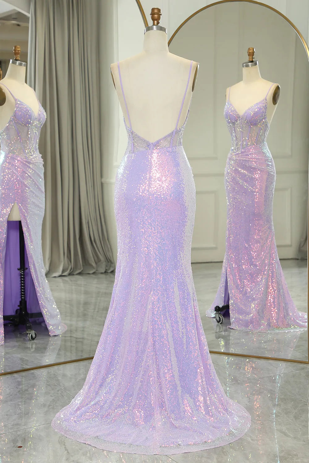 Wholesale Sparkly Lilac Spaghetti Straps Mermaid Long Backless Prom Dress With Split prom dresses shops