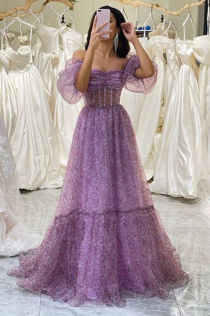 Wholesale Romantic Purple A-Line Off The Shoulder Long Tulle Prom Dress prom dresses shops