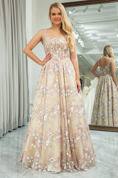 Wholesale Luxurious A-Line Champagne Square Neck Long Prom Dress With Appliques prom dresses shops