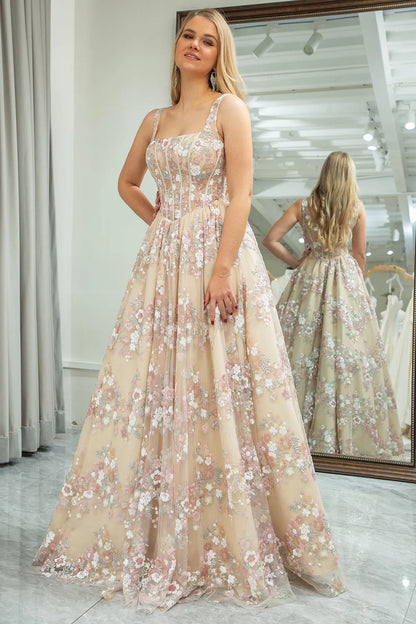 Wholesale Luxurious A-Line Champagne Square Neck Long Prom Dress With Appliques prom dresses shops