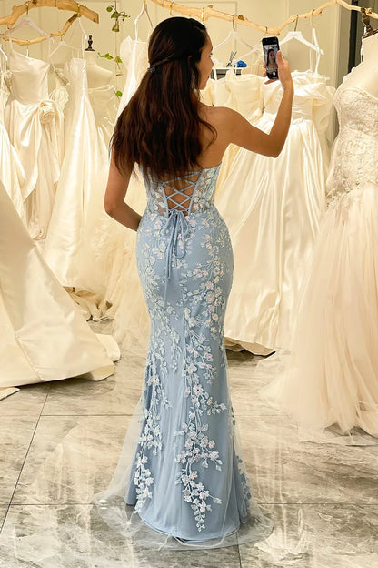 Wholesale Light Blue Mermaid Sweetheart Lace Up Long Prom Dress With Appliques prom dresses shops