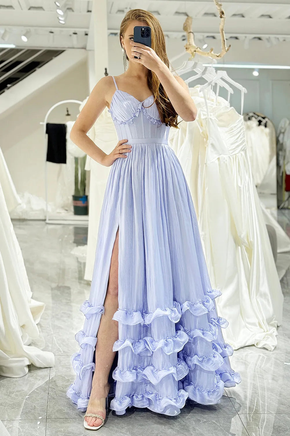 Wholesale Lavender A Line Spaghetti Straps Lace Up Long Prom Dress With Slit prom dresses shops