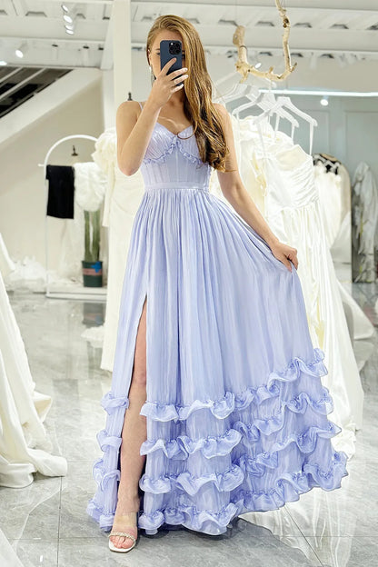 Wholesale Lavender A Line Spaghetti Straps Lace Up Long Prom Dress With Slit prom dresses shops