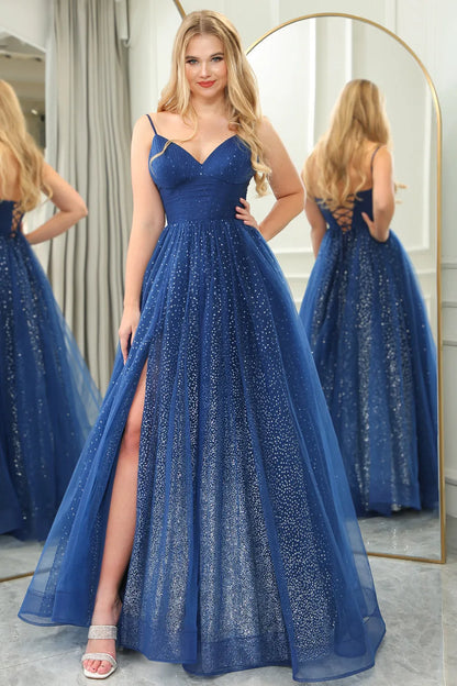 Wholesale Navy A-Line Spaghetti Straps Lace Up Long Glitter Prom Dress With Slit prom dresses shops