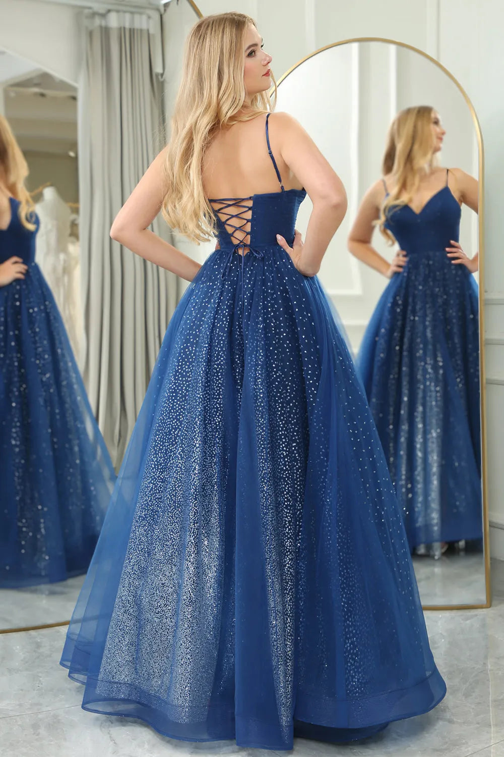 Wholesale Navy A-Line Spaghetti Straps Lace Up Long Glitter Prom Dress With Slit prom dresses shops