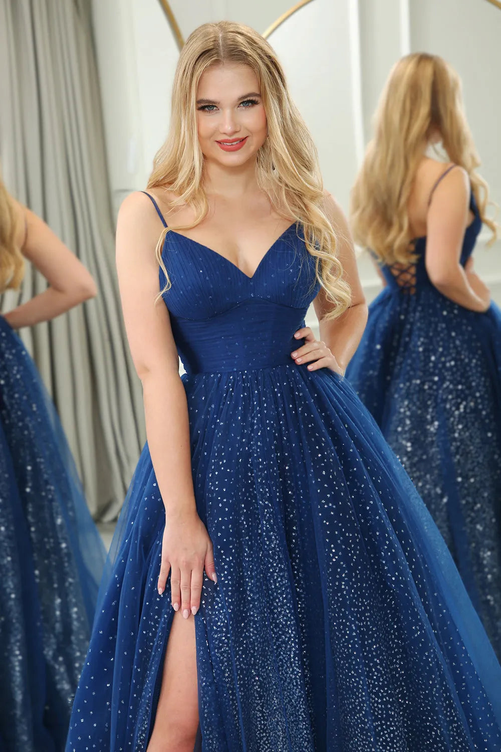 Wholesale Navy A-Line Spaghetti Straps Lace Up Long Glitter Prom Dress With Slit prom dresses shops