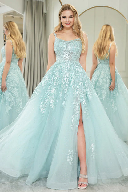 Wholesale Mint A-Line Tulle Spaghetti Straps Long Prom Dress With Slit And Appliques prom dresses shops