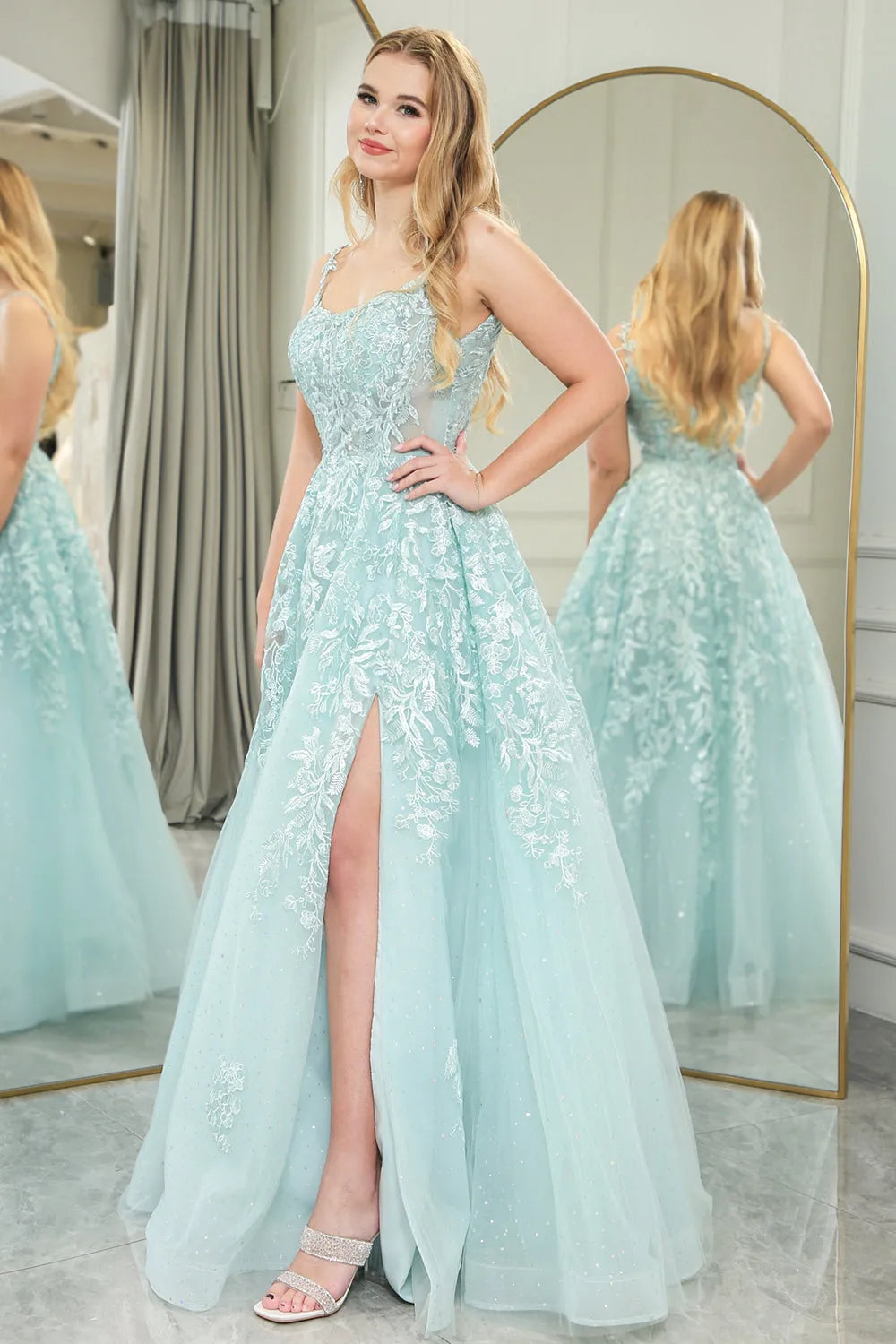 Wholesale Mint A-Line Tulle Spaghetti Straps Long Prom Dress With Slit And Appliques prom dresses shops