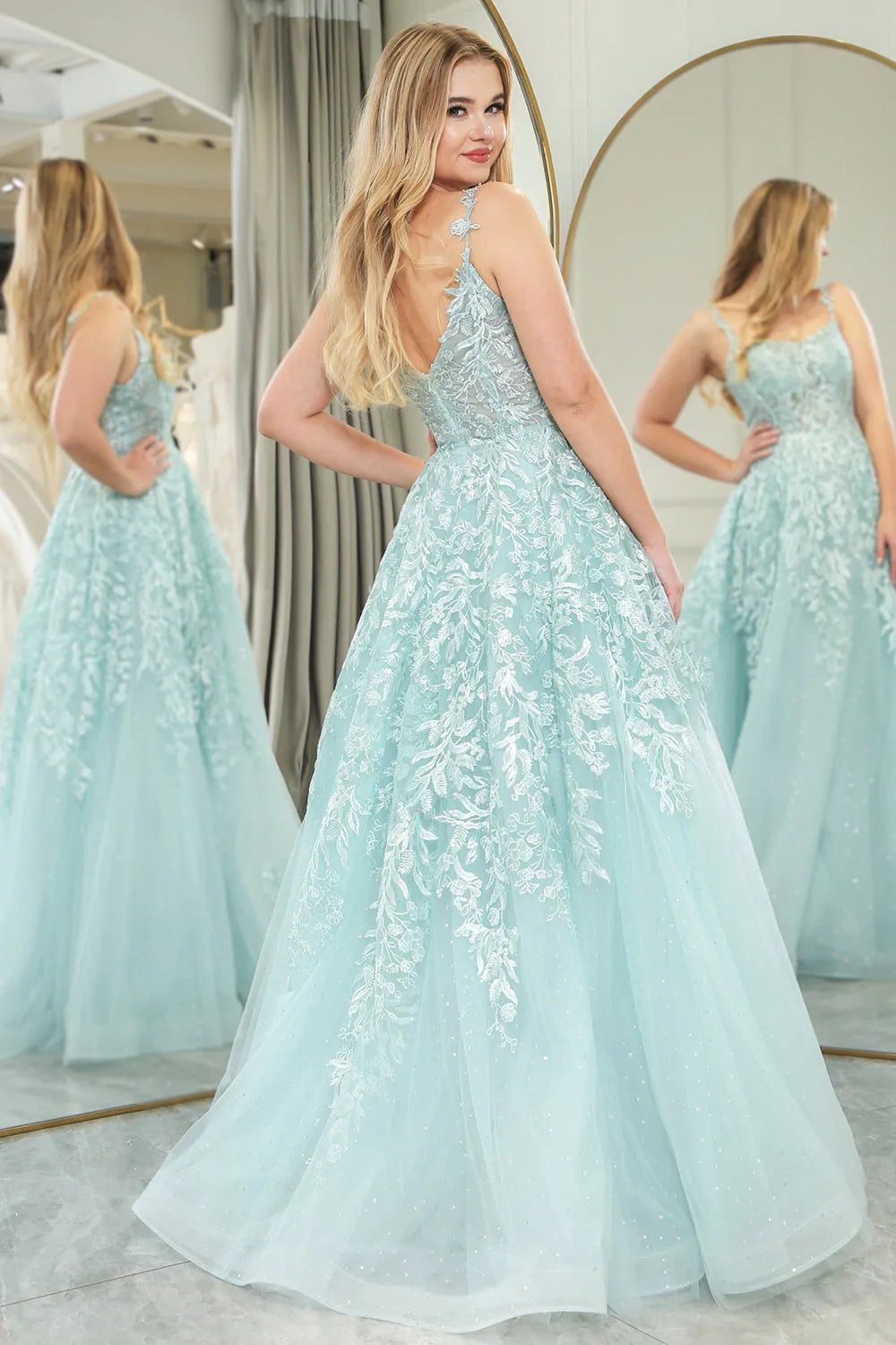 Wholesale Mint A-Line Tulle Spaghetti Straps Long Prom Dress With Slit And Appliques prom dresses shops