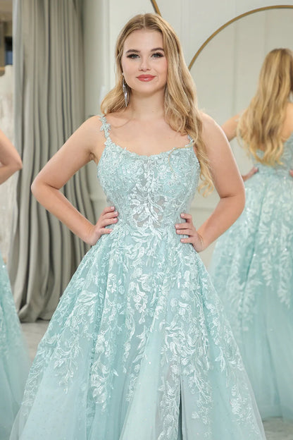 Wholesale Mint A-Line Tulle Spaghetti Straps Long Prom Dress With Slit And Appliques prom dresses shops