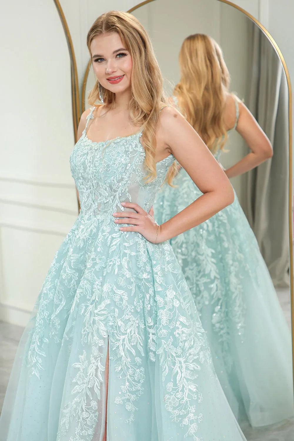 Wholesale Mint A-Line Tulle Spaghetti Straps Long Prom Dress With Slit And Appliques prom dresses shops