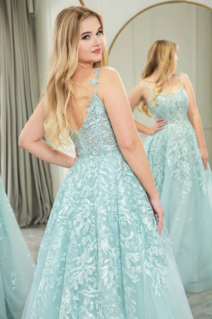 Wholesale Mint A-Line Tulle Spaghetti Straps Long Prom Dress With Slit And Appliques prom dresses shops