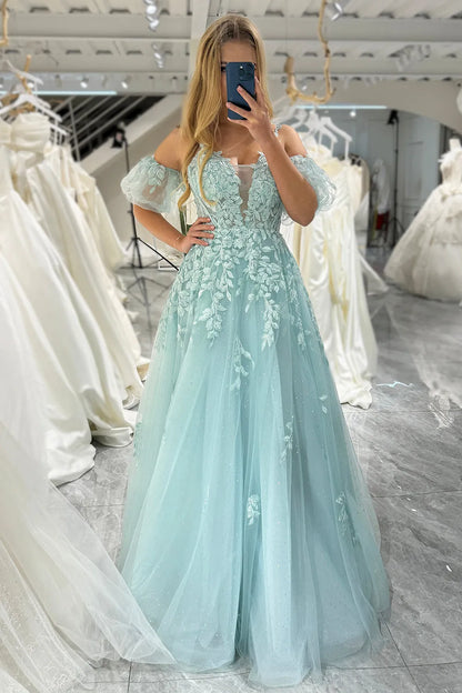 Wholesale Mint A Line Tulle Off the Shoulder Lace Up Long Prom Dress With Appliques prom dresses shops