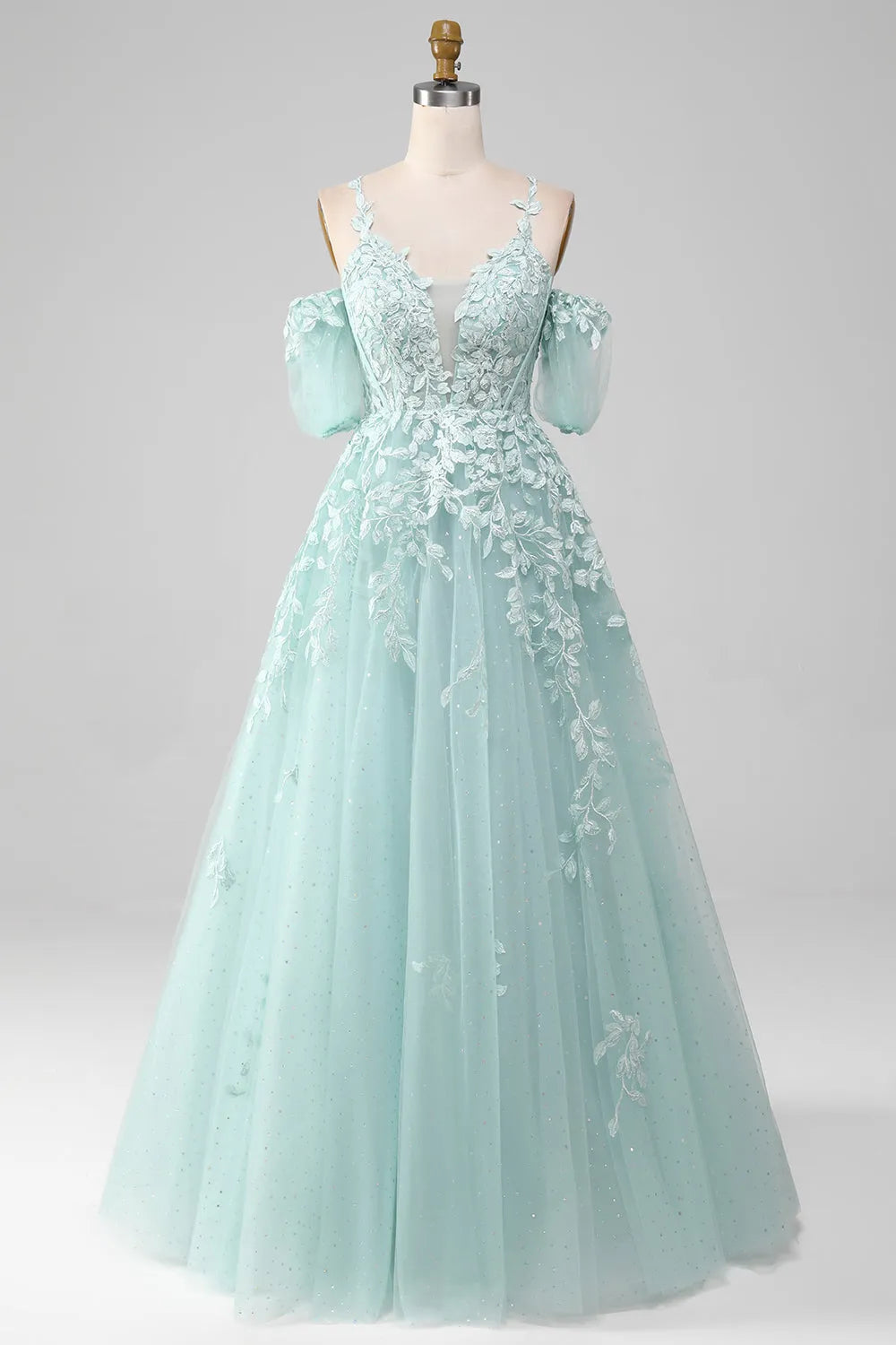 Wholesale Mint A Line Tulle Off the Shoulder Lace Up Long Prom Dress With Appliques prom dresses shops