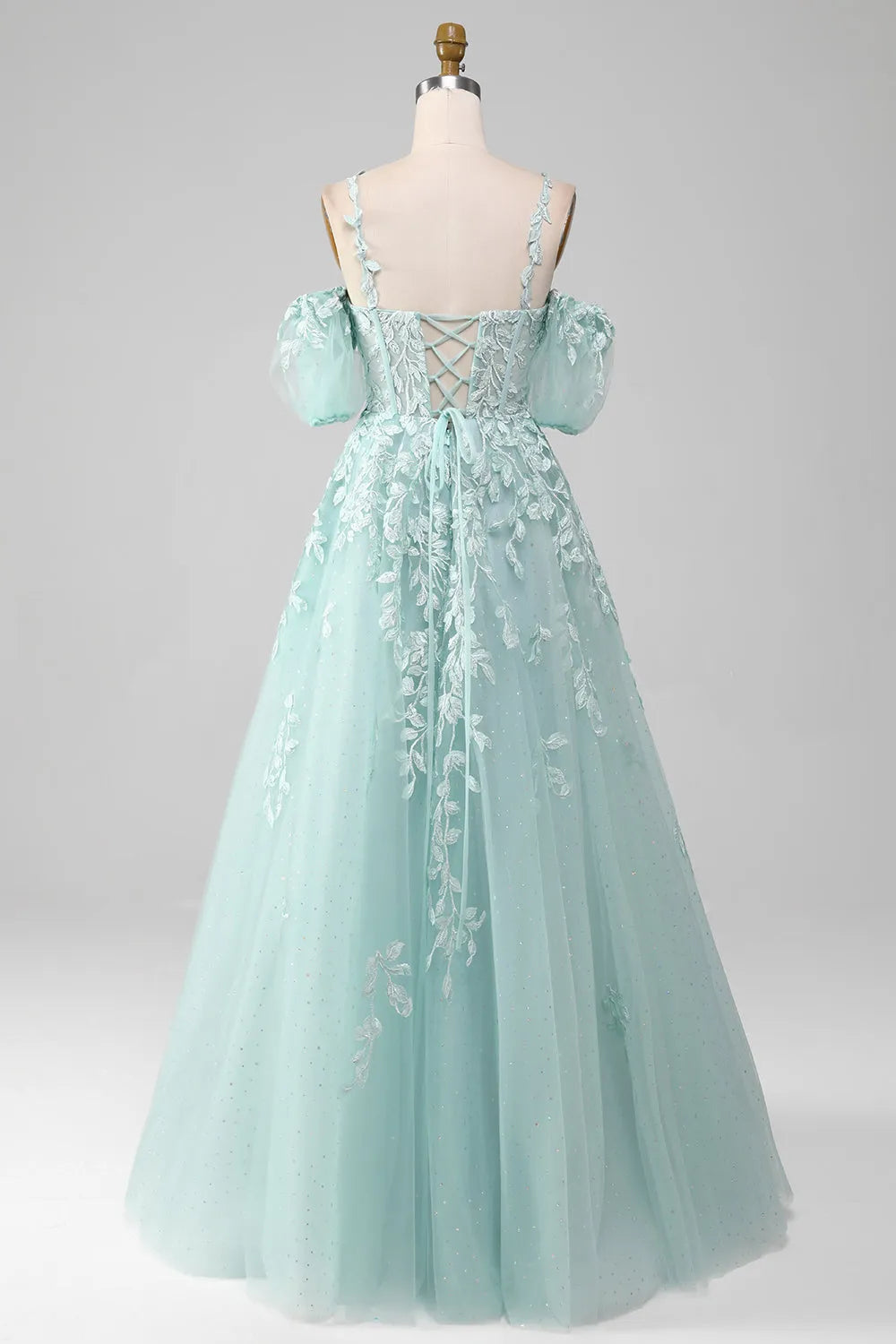 Wholesale Mint A Line Tulle Off the Shoulder Lace Up Long Prom Dress With Appliques prom dresses shops