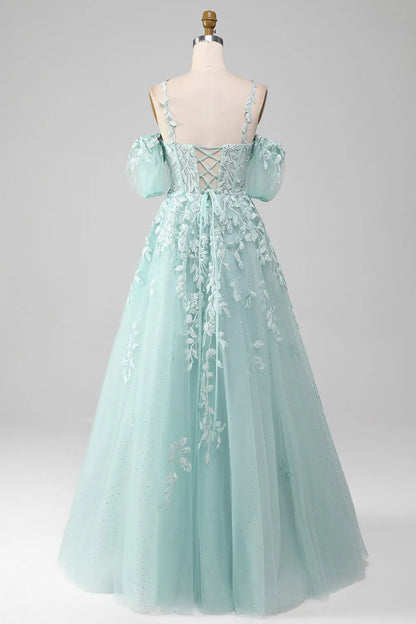 Wholesale Mint A Line Tulle Off the Shoulder Lace Up Long Prom Dress With Appliques prom dresses shops