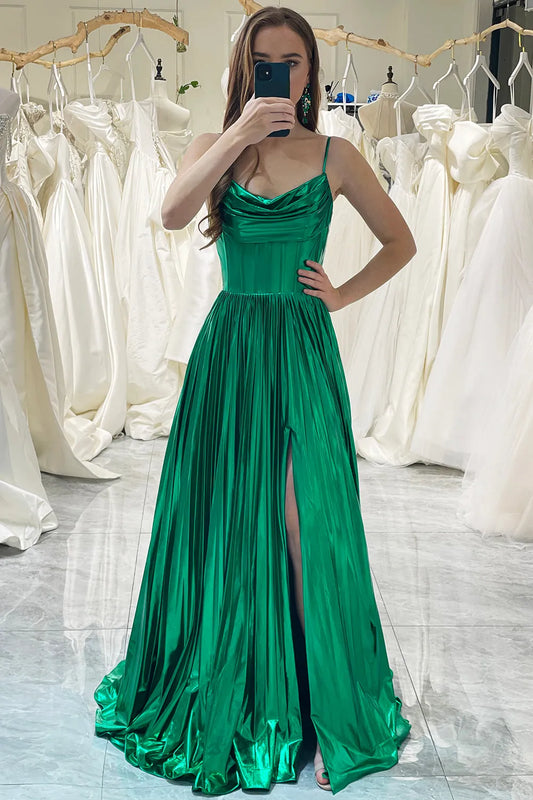 Wholesale Glitter Dark Green A Line Spaghetti Straps Long Metallic Prom Dress With Slit prom dresses shops