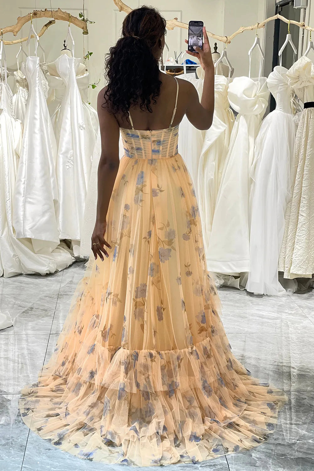 Wholesale Cute A Line Spaghetti Straps Long Print Tulle Prom Dress prom dresses shops