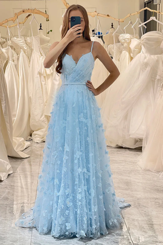 Wholesale Sky Blue A Line Spaghetti Straps Long Prom Dress With 3D Flowers prom dresses shops