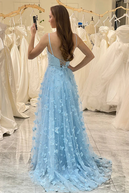 Wholesale Sky Blue A Line Spaghetti Straps Long Prom Dress With 3D Flowers prom dresses shops