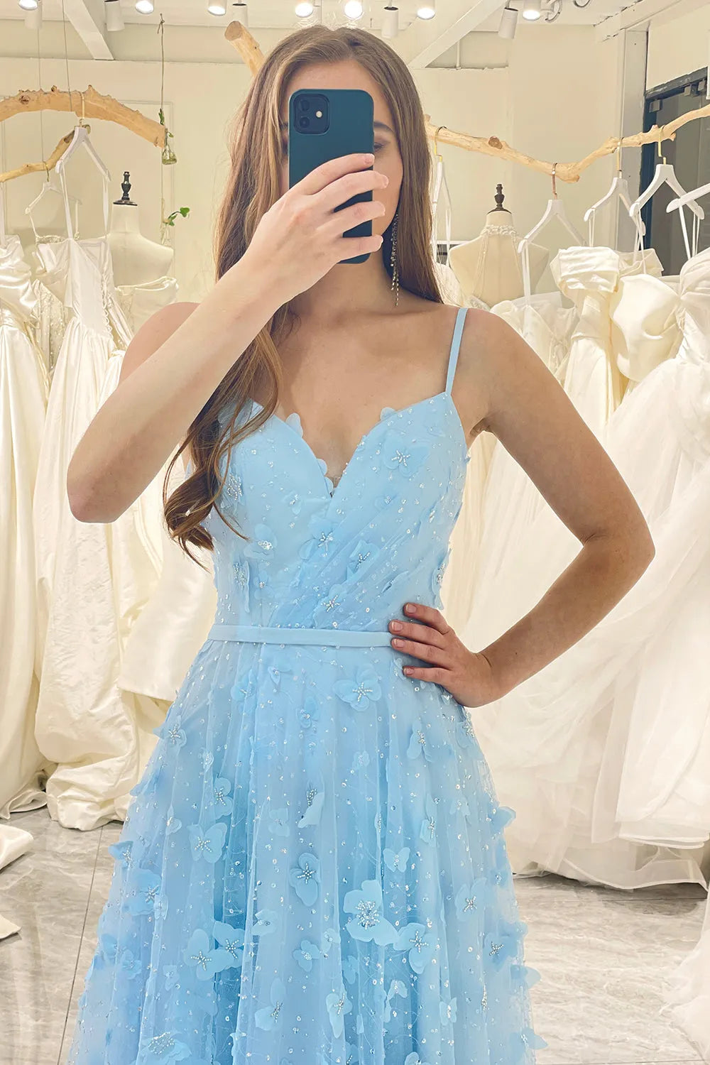 Wholesale Sky Blue A Line Spaghetti Straps Long Prom Dress With 3D Flowers prom dresses shops