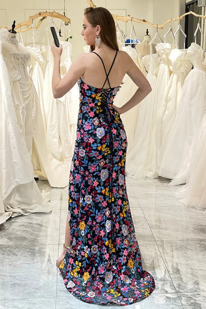 Wholesale Black Flower Mermaid Spaghetti Straps Long Prom Dress With Slit prom dresses shops