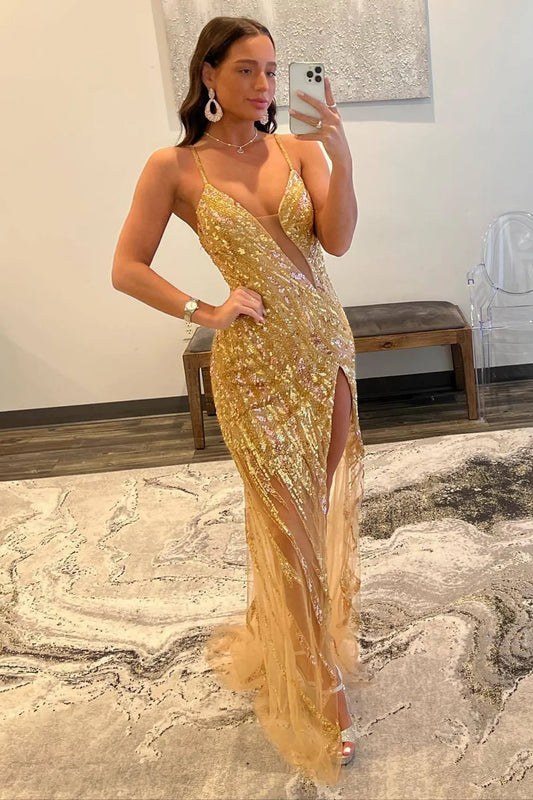 Wholesale Sparkly Sequin Gold Mermaid Spaghetti Straps Long Tulle Prom Dress With Split prom clothing