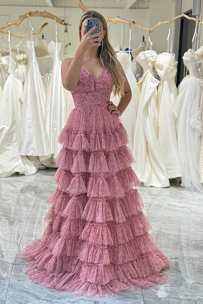 Wholesale Pink A Line Spaghetti Straps Lace Up Long Tiered Prom Dress prom dresses shops