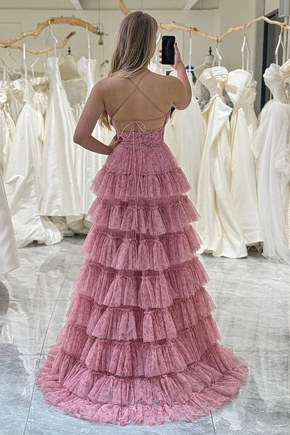 Wholesale Pink A Line Spaghetti Straps Lace Up Long Tiered Prom Dress prom dresses shops