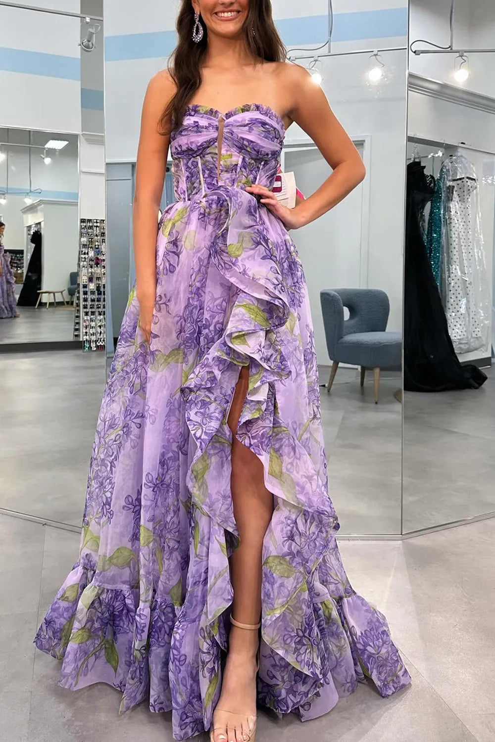 Wholesale Lavender A-Line Strapless Long Ruffle Prom Dress With Detachable Sleeves prom dresses shops