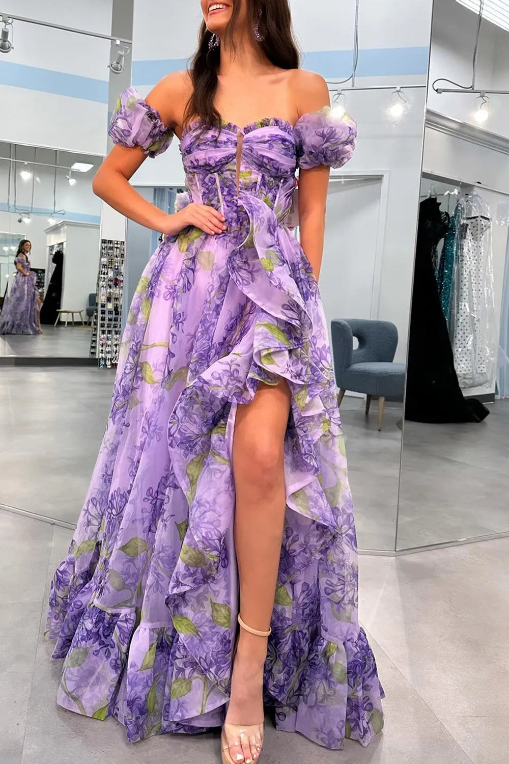 Wholesale Lavender A-Line Strapless Long Ruffle Prom Dress With Detachable Sleeves prom dresses shops