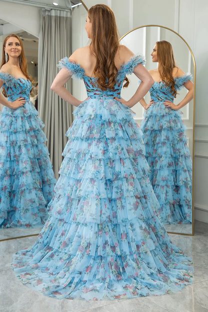 Wholesale Blue A Line Off The Shoulder Long Tiered Print Tulle Prom Dress prom dresses shops