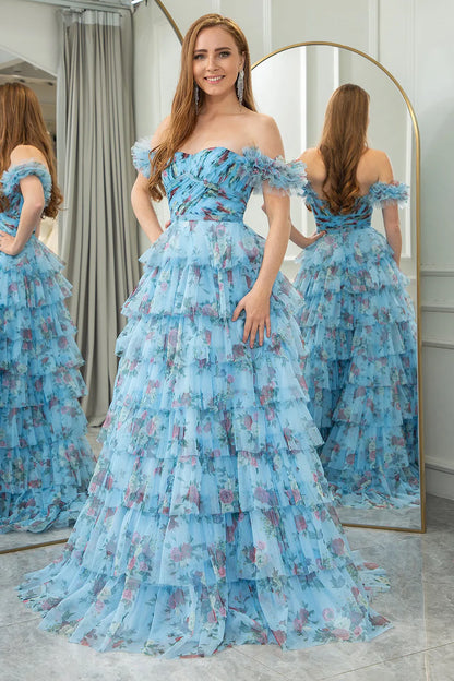 Wholesale Blue A Line Off The Shoulder Long Tiered Print Tulle Prom Dress prom dresses shops