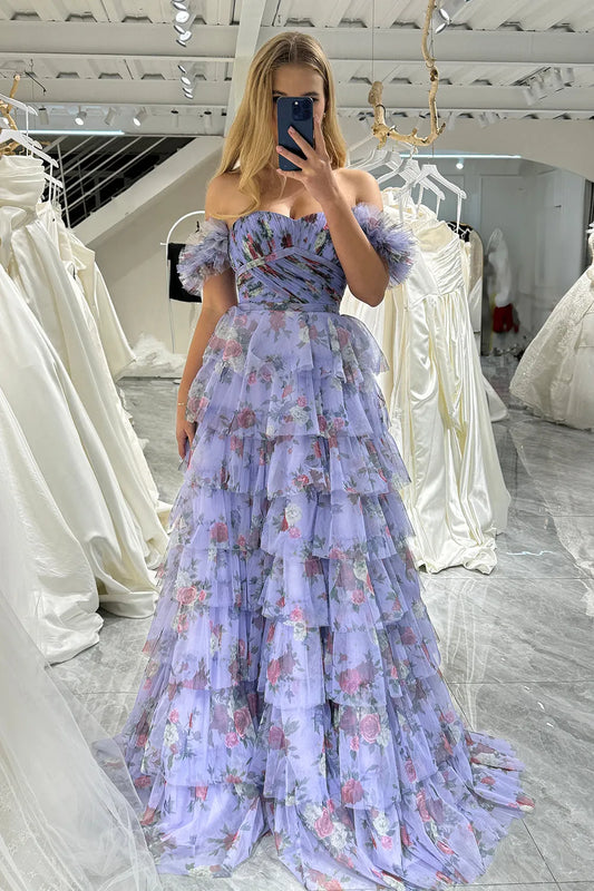 Wholesale Lavender A Line Off The Shoulder Long Tiered Print Tulle Prom Dress prom dresses shops