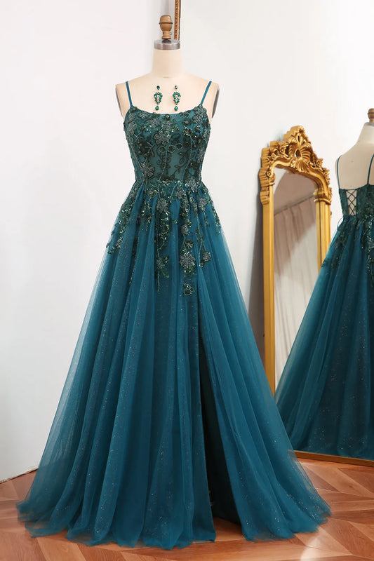 Wholesale Glitter Dark Green A-Line Tulle Long Appliqued Prom Dress With Slit prom dresses shops