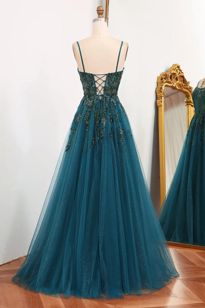 Wholesale Glitter Dark Green A-Line Tulle Long Appliqued Prom Dress With Slit prom dresses shops