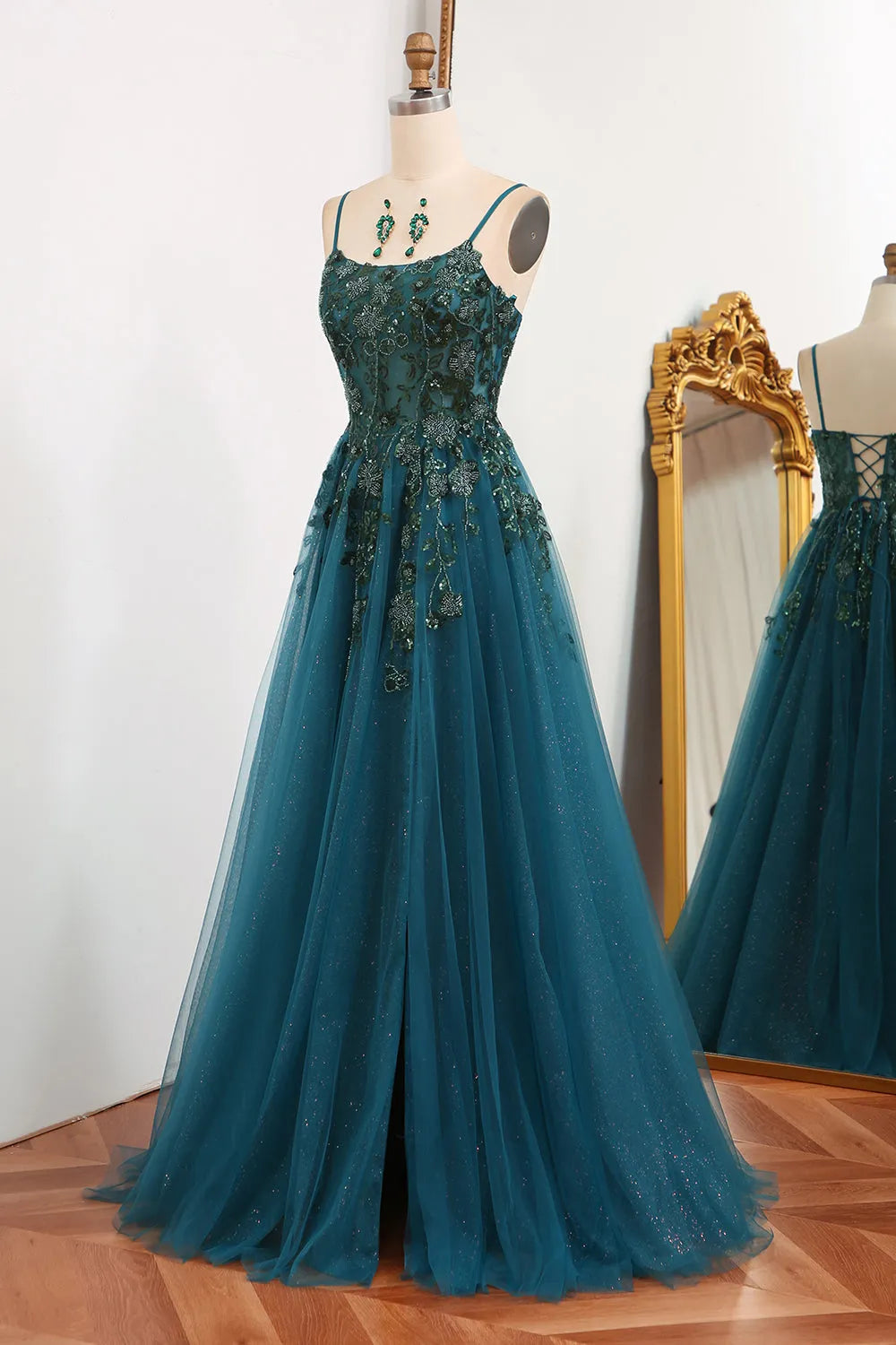 Wholesale Glitter Dark Green A-Line Tulle Long Appliqued Prom Dress With Slit prom dresses shops