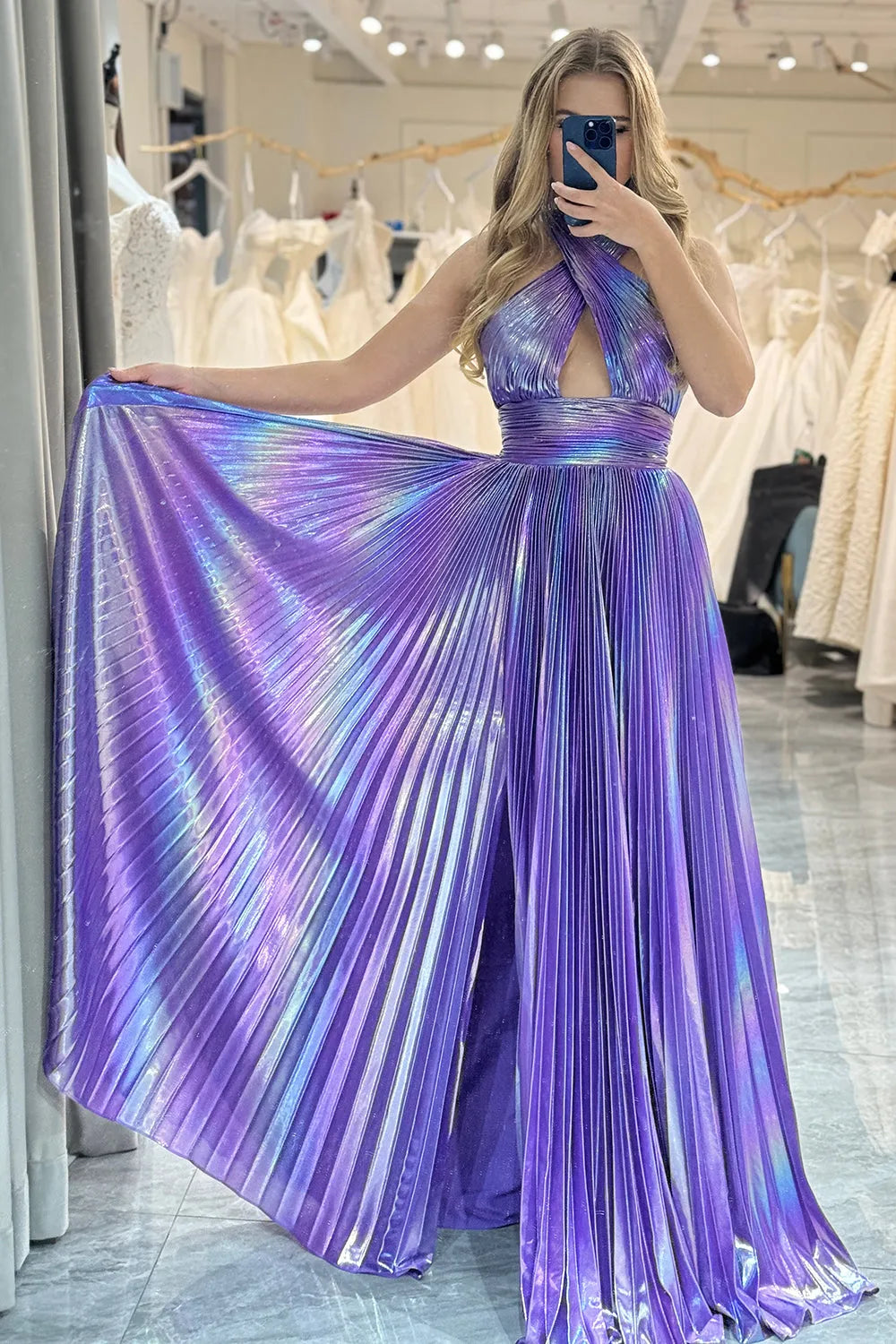 Wholesale Dark Purple A-Line Halter Long Metallic Prom Dress With Slit prom dresses shops