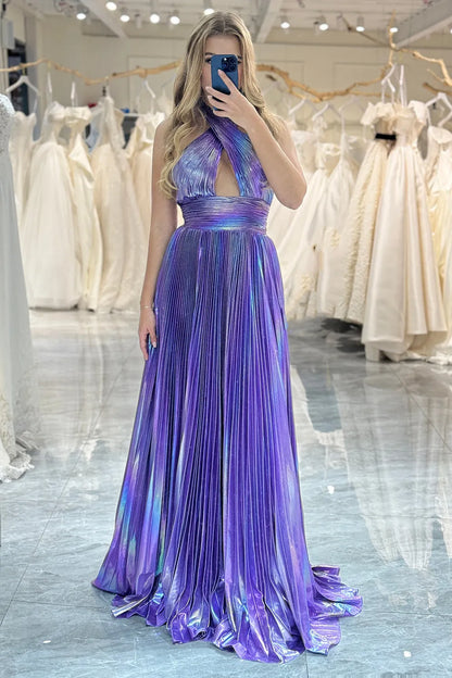 Wholesale Dark Purple A-Line Halter Long Metallic Prom Dress With Slit prom dresses shops