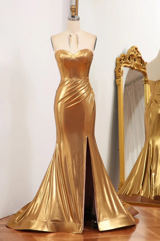 Wholesale Sparkly Golden Mermaid Sweetheart Zipper Back Long Prom Dress With Slit prom dresses shops