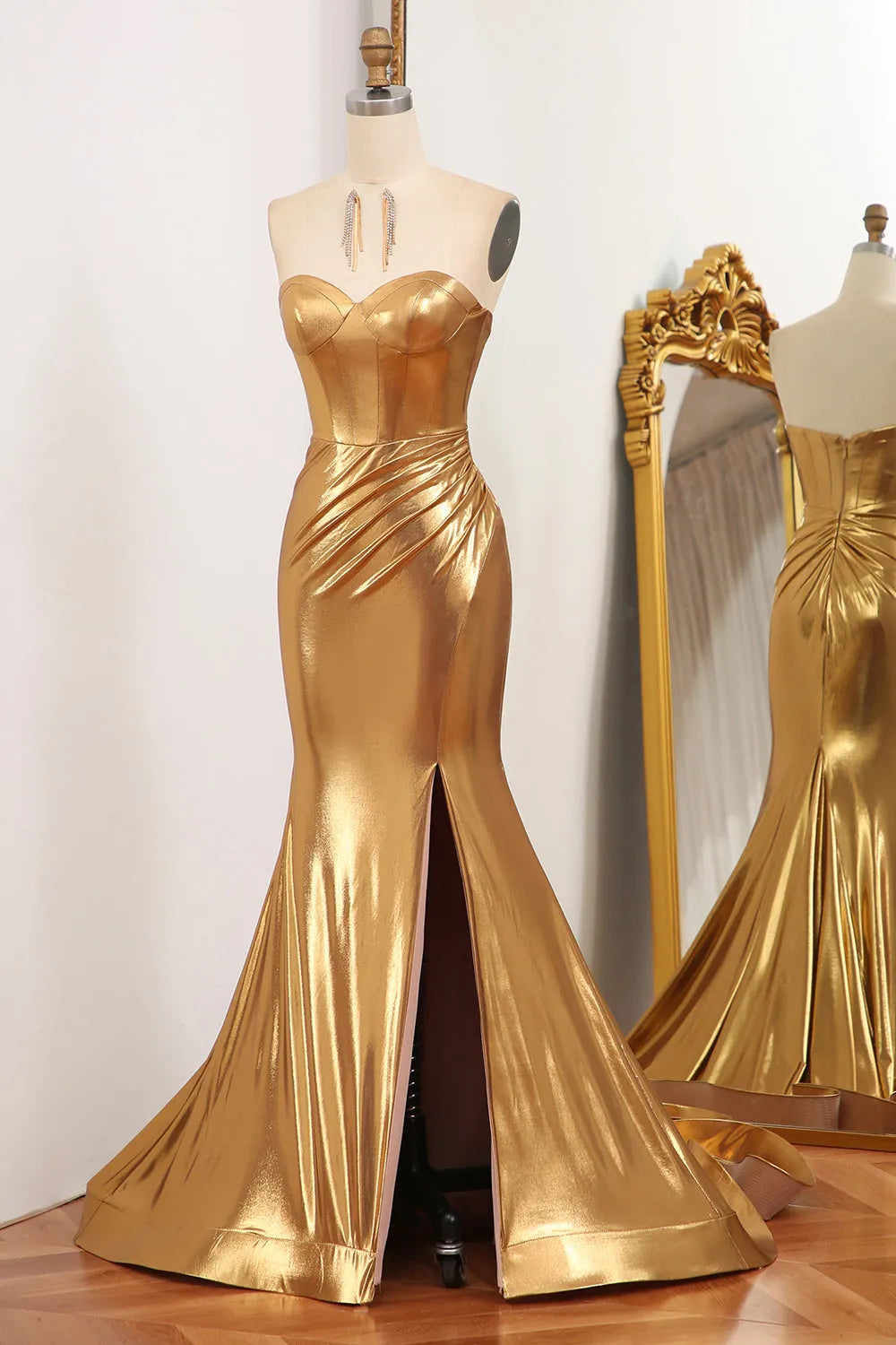 Wholesale Sparkly Golden Mermaid Sweetheart Zipper Back Long Prom Dress With Slit prom dresses shops