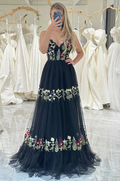 Wholesale Black A Line Lace Up Long Tulle Prom Dress With Embroidery prom dresses shops